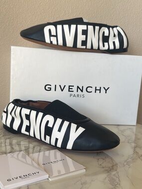 Givenchy Black Leather Logo Slip-On Ballet Flats